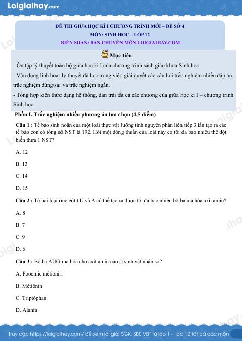 Đề thi giữa kì 1 Sinh 12 Chân trời sáng tạo - Đề số 4